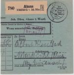DR - Ahaus 1943 roter Ra2 Gebühr bezahlt Paketkarte/Selbstbucher n. Marksuhl