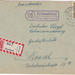BRD - (16) Schwalefeld ü. Korbach Landpost-Ra2 Einschreibebrief n. Kassel 1956