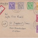 AM-Post - 15 Pfg. amerik. Druck ua. Einschreibebrief Tutzing St. Ingbert 11.2.46