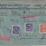 DR - 50+2x20 Pfg. Korbdeckel Wert-Eilbrief Lindau - München 2.1.24