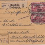 DR - 2x1 M. Reichspostamt Paketkarte Mannheim-Feudenheim 3.9.20