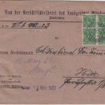 DR-Infla - 4x40 M. Posthorn Ortszustellurkunde München-Justizpalast 12.3.23