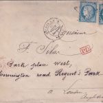 Frankreich/England - 2x25 C. Ceres Brief Sternstpl. Paris - London 29.3.1874