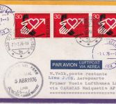 Schweiz - 3x30 Rp. Telefonseelsorge LH-Erstflugbrief Zuleitung Caracas Lima 1976