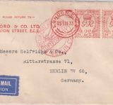 England - 2 1/2 P. + 1 1/2 P. Meter mark Luftpostbrief London - Berlin 1933
