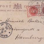 England - 1 P. Victoria Ganzsache + Zusatz (Perfin !) London - Hamburg 1893
