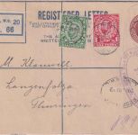 England - 3 P. George V. Einschreibeganzsache + Zusatz London - Langensalza 1912