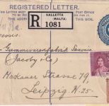Malta - 3 P. Ganzsache/Einschreribebrief Valletta - Leipzig 1937