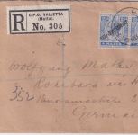 Malta - 2x2 1/2 P. /Self-Gouvernment ua Einschreibebrief Valletta Rohrbach 1924