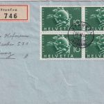Schweiz - 10 Rp. 75 J. Weltpostverein 4er-Block Einschreibebrief Staufen 1949