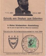 All.Bes. - Kiel 1947 Briefmarkenausstellung H. v. Stephan Gedenkblatt m. SST