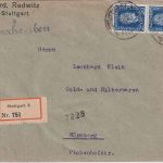 DR - 2x20 Pfg. 50 J. UPU/H.v. Stephan Einschreibebrief Stuttgart 15.12.24