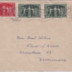 Frankreich - 15+2x5 Fr. 75 J. UPU/Weltpostverein Brief Laval - Köln 1950
