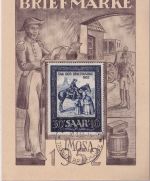 Saarland - 30 Fr. IMOSA Tag d. Briefmarke 1952 Sonderkarte m. ESST 30.3.52