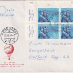 Schweiz - 50 Rp. 400 J. UNI Genf 4er-Block/Bogenecke Ballonpostbrief 1959