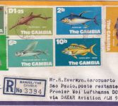 Gambia - 1,25 D. ua. Fische Luftpost-Einschreibebrief Banjul 1975 Zuleitungspost