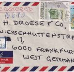 Seychellen - 5 R. Karke u.a. Luftpost-Einschreibebrief Victoria - Frankfurt 1980