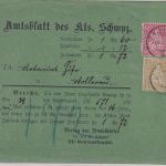 Schweiz - 2+10 Rp. sitz. Helvetia Nachnahmekarte Schwyz - Wollerau 1881