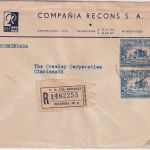 Uruguay - 2x5 C. 100. Geb. Varela Einschreibebrief n. USA Montevideo 1946