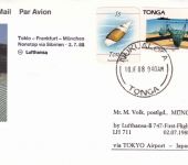 Tonga - 32 S. Meersforschung u.a. Luftpostkarte LH-Erstflug Tokio/München 1988