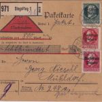 Bayern - 60+10+15 Pfg. Ludwig/Volksstaat Nachnahme-Paketkarte Dingolfing 17.5.19