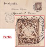 Bayern - 3 Pfg. Wappen Perfin "LA" Drucksachenkarte Donauwörth - Schliersee 1908