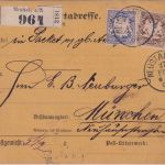 Bayern - 50+20 Pfg. Wappen Paketkarte Neustadt a/A - München 1889