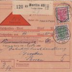 DR - 4+1 M. Germania Nachnahme-Paketkarte Selnbstbucher Berlin SW68 3.9.1921