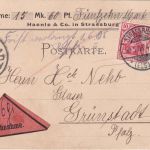 DR - 5+10 Pfg. Germania nachnahmekarte Strassburg - Grünstadt 1908