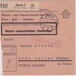 DR - Jena 1941 Gebühr bezahlt roter Ra1 Paketkarte (Selbstbucher) n. Kolmar/Els.
