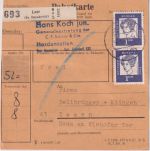 BRD - 1 DM Bed. Deutsche u.a. senkr. 3er-Streifen OBERRAND Paketkarte (2 Pkte.)