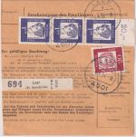 BRD - 1 DM Bed. Deutsche u.a. senkr. 3er-Streifen OBERRAND Paketkarte (2 Pkte.)