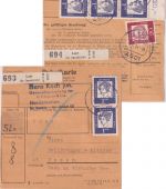 BRD - 1 DM Bed. Deutsche u.a. senkr. 3er-Streifen OBERRAND Paketkarte (2 Pkte.)