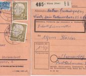 BRD -70 Pfg. Heuss I 2 Paketkarten 1x mit/1x ohne Notopfer Wörth a/M. 1954/55