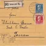 Bayern - 20+10 Pfg. Ludwig Paketkarte Schwarzach i/Nby - Passau 14.1.17