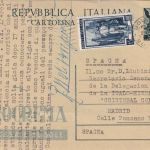 Italien - 20 L. ganzsache+Zusatz/Luftpostkarte n. SPANIEN Bologna - Madrid 1953