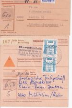 BRD - Percha 7 Belege ca. 1965/83 Paketkarte(n. USA), Portostufen etc.