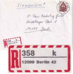 BRD - 12099 Berlin 42 Selbstklebe-R-Zettel Orts-Einschreibebrief 27.7.96