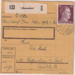 DR - 60 Pfg. AH Paketkarte Oberaudorf - Weißenhorn (17.3.45) spätes Datum !