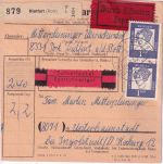 BRD - 2x1 M. Pfg. Bed. Deutsche u.a. Schnell-Eilpaketkarte Dietfurt 1963
