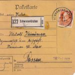 Bayern - 30 Pfg. Ludwig Paketkarte Schwanenkirchen - Passau 1917