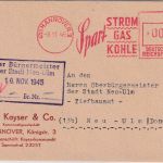 All.Bes. - (20) Hannover 8.11.45 apt. Absenderfreistempel "Spart..." Karte