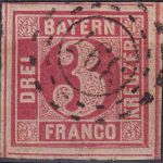 Bayern - 3 Kr. Quadrat rot überrandig (4 SL !) sauber gestpl. oMR 397 Pirmasens