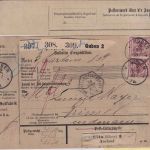 DR - 2x50+4x20 Pfg. K/A Paketkarte (3 Pakete) n. BELGIEN Guben - Brüssel 1891