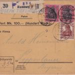 DR - 2x80+35 Pfg. Germania Paketkarte/Selbstbucher Hamburg 7 - Poppenlauer 1920