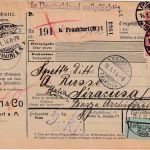 DR - 1 M. Reichspostamt u.a. Paketkarte n. ITALIEN (Sizilien) Frankfurt a/M 1914