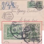 DR - 2x5 Pfg. Germania (deutlich unterschied. Farbtöne) Karte i.d. SCHWEIZ 1905