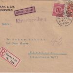 DR - 50+10 Pfg. Korbdeckel Eil-Einschreibebrief München - Würzburg 1924