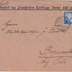 DR - Berlin SW Landtag 28.9.25 20 Pfg. 1000 J. Rheinland Brief n. Begrneustadt