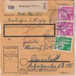 Bizone - 2x90+10 Pfg. Bauten Paketkarte Remlingen - Darmstadt 29.11.48